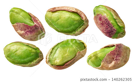 Six pistachio nuts set isolated on white background Six pistachio nuts set isolated on white background 140262305
