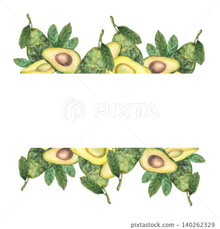 Watercolor avocado rectangular banner. Whole and cut avocado fruit half with seed and leaves. Hand draw botanical frame. Illustration on isolated white background template for food packaging, label. Watercolor avocado rectangular banner. Whole and cut avocado fruit half with seed and leaves. Hand draw botanical frame. Illustration on isolated white background template for food packaging, label. 140262329