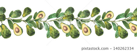 Watercolor avocado branch seamless border. Ripe whole and cut half fruit with seed and green leaves. Botanical hand painted illustration on isolated white background pattern for food packaging, label. Watercolor avocado branch seamless border. Ripe whole and cut half fruit with seed and green leaves. Botanical hand painted illustration on isolated white background pattern for food packaging, label. 140262334