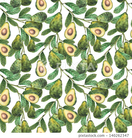 Watercolor avocado seamless pattern. Plant branch with whole and cut half fruit with seeds. Botanical hand drawn illustration on isolated white background for exotic food packaging, fabric, wallpaper. Watercolor avocado seamless pattern. Plant branch with whole and cut half fruit with seeds. Botanical hand drawn illustration on isolated white background for exotic food packaging, fabric, wallpaper. 140262347