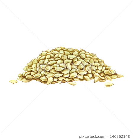 A handful of white sesame seeds. A hand-drawn watercolor illustration. Separate from the background. Perfect for creating labels, packaging, posters, banners, menus, and more. A handful of white sesame seeds. A hand-drawn watercolor illustration. Separate from the background. Perfect for creating labels, packaging, posters, banners, menus, and more. 140262348
