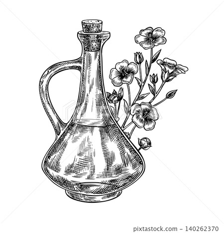 Flaxseed oil. Hand-drawn black and white vector illustration. Beautiful shaped glass bottle with flaxseed oil and flowers. Element of label and packaging design, banners, posters, and more Flaxseed oil. Hand-drawn black and white vector illustration. Beautiful shaped glass bottle with flaxseed oil and flowers. Element of label and packaging design, banners, posters, and more 140262370