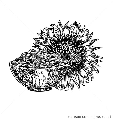 Sunflower seeds in a wooden bowl and a sunflower flower. Hand-drawn black and white vector illustration. Element of label and packaging design, as well as banners, posters, and more. Sunflower seeds in a wooden bowl and a sunflower flower. Hand-drawn black and white vector illustration. Element of label and packaging design, as well as banners, posters, and more. 140262401