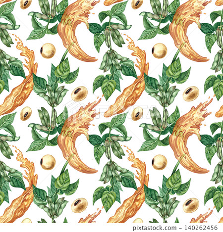 Seamless pattern using soy. Hand-drawn watercolor illustration. Soybeans and soy stalks with leaves and pods, as well as oil splashes. For textiles, labels and prints, decor, packaging, and more. Seamless pattern using soy. Hand-drawn watercolor illustration. Soybeans and soy stalks with leaves and pods, as well as oil splashes. For textiles, labels and prints, decor, packaging, and more. 140262456