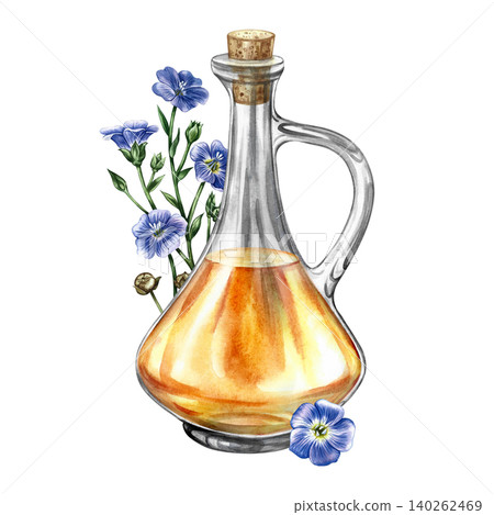 Flaxseed oil. Hand-drawn watercolor illustration. Glass bottle of oil and flax flowers. Element of design for labels and packaging, banners, posters, and more. Flaxseed oil. Hand-drawn watercolor illustration. Glass bottle of oil and flax flowers. Element of design for labels and packaging, banners, posters, and more. 140262469