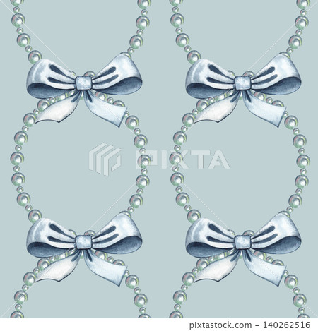 Seamless pattern with pearl beads and bows. Hand-drawn watercolor illustration. Gay background. Perfect for clothing and home decor textiles, curtains, tablecloths, wrapping paper, wallpaper and more. 140262516