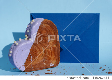 Sample template mockup greeting card Delicious fresh croissant topped with colorful flavor Ganache. Creation unique heart shape bakery. Puff pastry holiday love gift present idea Valentine's day Sample template mockup greeting card Delicious fresh croissant topped with colorful flavor Ganache. Creation unique heart shape bakery. Puff pastry holiday love gift present idea Valentine's day 140262611