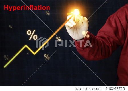 Hand drawing a rising inflation graph with percentage symbols. Hyperinflation concept. Global Crisis Indicator. High quality photo Hand drawing a rising inflation graph with percentage symbols. Hyperinflation concept. Global Crisis Indicator. High quality photo 140262713