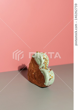 Creative ides Valentine's Day Holiday celebration isometric style Heart shaped flavor croissants with copy space. Puff pastry new trendy sweet dessert bakery. Creamy dough 140262739
