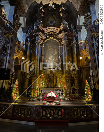Baroque altar of the Parish of the Most Holy Name of Jesus in Wroclaw Poland decorated for Christmas Baroque altar of the Parish of the Most Holy Name of Jesus in Wroclaw Poland decorated for Christmas 140262863