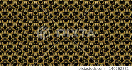 Gold fish scales create elegant mermaid texture with asian wave pattern. Seamless vector design features scallop motifs perfect for luxury oriental prints and wallpaper backgrounds Gold fish scales create elegant mermaid texture with asian wave pattern. Seamless vector design features scallop motifs perfect for luxury oriental prints and wallpaper backgrounds 140262881