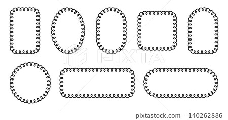 Decorative scallop border frames with loop patterns. Vector edge designs featuring wavy lace shapes, perfect for labels, photos, and creative projects Decorative scallop border frames with loop patterns. Vector edge designs featuring wavy lace shapes, perfect for labels, photos, and creative projects 140262886