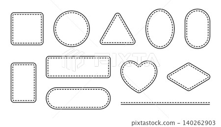 Patch frames with decorative stitches. Borders in various shapes circle, rectangle and heart. Perfect for fabric design and embroidery projects. Patch frames with decorative stitches. Borders in various shapes circle, rectangle and heart. Perfect for fabric design and embroidery projects. 140262903