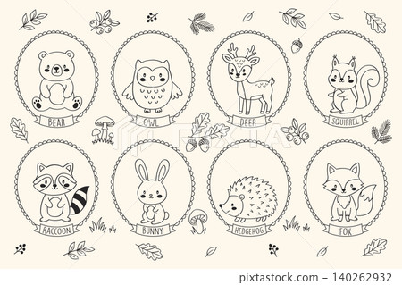 woodland animals in frames with autumn elements vector illustration. woodland animals in frames with autumn elements vector illustration. 140262932