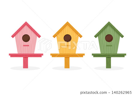 colorful wooden birdhouse set vector illustration. colorful wooden birdhouse set vector illustration. 140262965