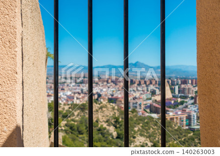 Protected Viewpoint with Metal Fence and Mountain and City Landscape in Background Protected Viewpoint with Metal Fence and Mountain and City Landscape in Background 140263003