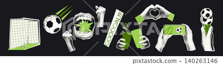 Soccer fans collage elements set. Football fan support cutouts with screaming mouth, clinking cups, heart hand gesture, goal and phone live stream Modern retro mixed media vector illustration Soccer fans collage elements set. Football fan support cutouts with screaming mouth, clinking cups, heart hand gesture, goal and phone live stream Modern retro mixed media vector illustration 140263146