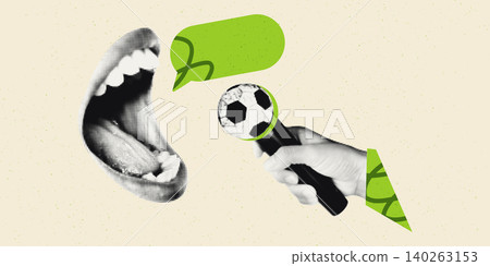 Creative collage for football commentary or sports interview concept. Halftone mouth talking into microphone with soccer ball. Modern retro vector illustration. Radio podcast social media news banner Creative collage for football commentary or sports interview concept. Halftone mouth talking into microphone with soccer ball. Modern retro vector illustration. Radio podcast social media news banner 140263153