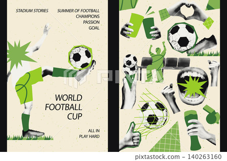 Set of football vertical poster templates. Halftone magazine cutouts with doodles. Soccer ball, goal moment, fan's hand gestures Social media post, collage sports banner, cover vector illustration Set of football vertical poster templates. Halftone magazine cutouts with doodles. Soccer ball, goal moment, fan's hand gestures Social media post, collage sports banner, cover vector illustration 140263160