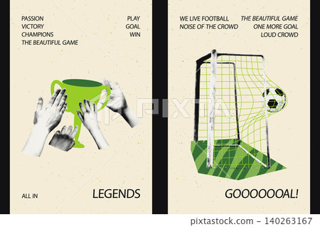 Set of football vertical poster templates. Halftone zine cutouts with doodles. Soccer goal with a ball hitting the net, hands holding champion's cup. Collage sports banner grunge vector illustration Set of football vertical poster templates. Halftone zine cutouts with doodles. Soccer goal with a ball hitting the net, hands holding champion's cup. Collage sports banner grunge vector illustration 140263167