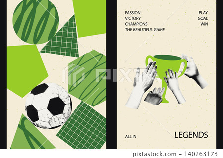 Soccer championship posters with abstract geometric shapes, doodles, football ball, and winning trophy. Creative sports event flyer, victory design template, halftone collage vector illustration  140263173