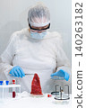 Woman scientist in protective lab gear holding cultivated meat sample with tongs over petri dish. In vitro meat production process for sustainable food solutions. Biotechnology research in artificial 140263182