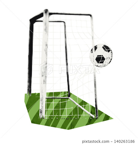 Soccer goal with ball hitting the net. Concept of scoring a goal, victory, football championship, sports achievement. Modern retro halftone collage element vector illustration with doodles, isolated Soccer goal with ball hitting the net. Concept of scoring a goal, victory, football championship, sports achievement. Modern retro halftone collage element vector illustration with doodles, isolated 140263186
