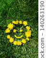Yellow dandelion flower wreath arranged as a smiling face on green lawn 140263190