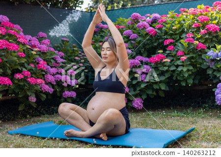 Pregnant woman finding peace and balance, meditating in a lotus pose on a yoga mat outdoors, surrounded by vibrant hydrangea flowers, embracing wellness during pregnancy 140263212