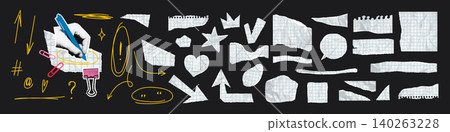 Crumpled torn paper pieces set with light blue graph grid and yellow doodle highlight strokes and arrows. Fun trendy modern retro elements for collage Vector illustration for grunge mixed media design Crumpled torn paper pieces set with light blue graph grid and yellow doodle highlight strokes and arrows. Fun trendy modern retro elements for collage Vector illustration for grunge mixed media design 140263228