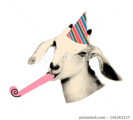 Happy birthday element for collage. Halftone goat wearing party hat and blowing in party horn. Birthday celebration clip art. Modern retro mixed media vector illustration isolated on background 140263257