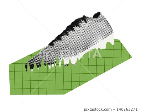 Halftone soccer cleat and green grid paper field scrap cut out. Playful football world cup collage sticker with dotted texture and doodles. Modern retro grunge mixed media vector illustration isolated Halftone soccer cleat and green grid paper field scrap cut out. Playful football world cup collage sticker with dotted texture and doodles. Modern retro grunge mixed media vector illustration isolated 140263271