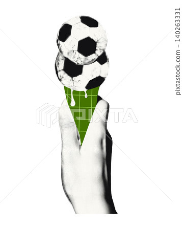 Surreal halftone collage vector illustration. Hand holding ice cream cone made of stacked soccer balls, melting over green grid cone. Summer sport concept, football fan fun playful mixed media design Surreal halftone collage vector illustration. Hand holding ice cream cone made of stacked soccer balls, melting over green grid cone. Summer sport concept, football fan fun playful mixed media design 140263331