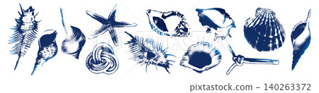 Blue cyanotype seashells and nautical knots set. Halftone indigo sea shell with stipple dot texture. Summer stickers for t-shirt print, cover, poster and modern retro design. Vector illustration Blue cyanotype seashells and nautical knots set. Halftone indigo sea shell with stipple dot texture. Summer stickers for t-shirt print, cover, poster and modern retro design. Vector illustration 140263372