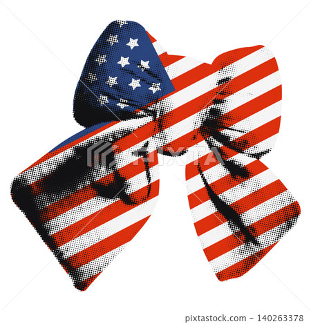 American flag bow ribbon halftone sticker for collage and scrapbook with doodles. Happy USA Independence day, celebration of 4th July design element. Modern retro vector illustration isolated American flag bow ribbon halftone sticker for collage and scrapbook with doodles. Happy USA Independence day, celebration of 4th July design element. Modern retro vector illustration isolated 140263378