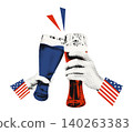 Hands clinking beer glasses halftone funny art collage. Independence day toast and cheers, doodle American flag, celebration of 4th July. America 250 years anniversary modern retro vector illustration 140263383