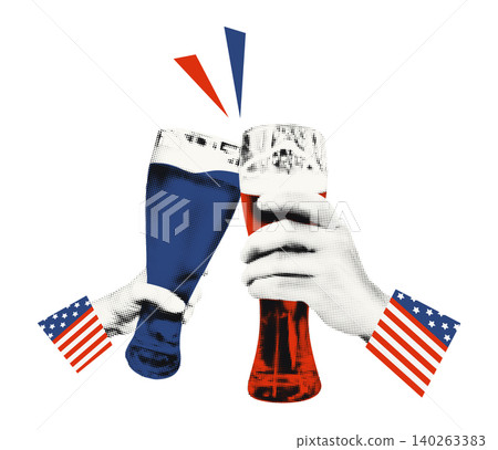 Hands clinking beer glasses halftone funny art collage. Independence day toast and cheers, doodle American flag, celebration of 4th July. America 250 years anniversary modern retro vector illustration Hands clinking beer glasses halftone funny art collage. Independence day toast and cheers, doodle American flag, celebration of 4th July. America 250 years anniversary modern retro vector illustration 140263383