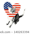 Cat wearing heart shaped collar with America national flag print. Happy Independence Day USA, funny halftone patriotic pet sticker for celebrating 4th of July Modern retro vector illustration isolated 140263394