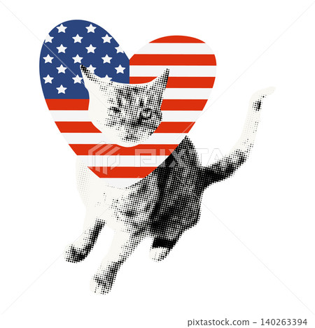Cat wearing heart shaped collar with America national flag print. Happy Independence Day USA, funny halftone patriotic pet sticker for celebrating 4th of July Modern retro vector illustration isolated Cat wearing heart shaped collar with America national flag print. Happy Independence Day USA, funny halftone patriotic pet sticker for celebrating 4th of July Modern retro vector illustration isolated 140263394
