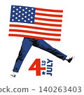 Patriotic person walking with American flag and bold 4th of July text. Funny pop art style design celebrating USA Independence Day. Modern retro halftone collage vector illustration isolated 140263403