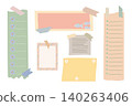 Blank sticky notes and memo pads set in soft pastel colors with pieces of adhesive tape, simple hand drawn design elements for school, office, printable or digital planner design templates 140263406