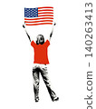 Patriotic woman raising American flag high above her head. Anonymous person celebrating USA Independence Day. Patriotism, protest and freedom concept. Modern retro halftone collage vector illustration 140263413