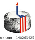 Birthday cake with candle, slice cut out and reveals American flag pattern. Happy USA Independence day, halftone playful sticker for 4th July Modern retro vector illustration for collage and scrapbook 140263425