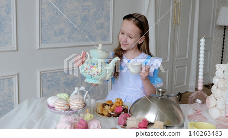 Girl Pouring Teapot Into Teacup, Captured Midpour With Focused Expression, Floral Porcelain, Array Of Macarons And Pastries, Soft Window Light, Ladylike Posture And Calm Hospitality Vibe Girl Pouring Teapot Into Teacup, Captured Midpour With Focused Expression, Floral Porcelain, Array Of Macarons And Pastries, Soft Window Light, Ladylike Posture And Calm Hospitality Vibe 140263483