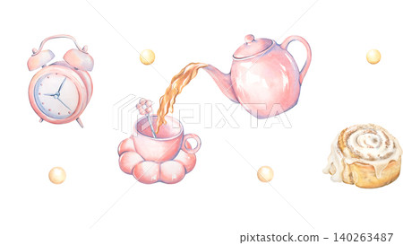 A seamless watercolor border with a tea party. A pink tea set with a teapot, mug, spoon, alarm clock, and cinnamon roll are hand-painted. Breakfast in the kitchen at home, for design and print. A seamless watercolor border with a tea party. A pink tea set with a teapot, mug, spoon, alarm clock, and cinnamon roll are hand-painted. Breakfast in the kitchen at home, for design and print. 140263487