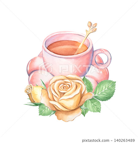 A watercolor tea set featuring a pink mug and saucer, accompanied by a golden spoon. Hot morning tea for breakfast. A yellow rose with leaves is hand-painted. Isolated ceramic and porcelain tableware 140263489
