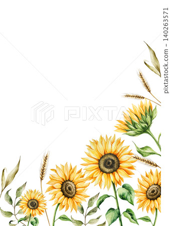 Watercolor yellow sunflower postcard, frame in warm autumn tones. Botanical ears of wheat, butterfly, hand drawn illustration isolated on background. Ideal for seasonal, halloween, forest, or nature Watercolor yellow sunflower postcard, frame in warm autumn tones. Botanical ears of wheat, butterfly, hand drawn illustration isolated on background. Ideal for seasonal, halloween, forest, or nature 140263571