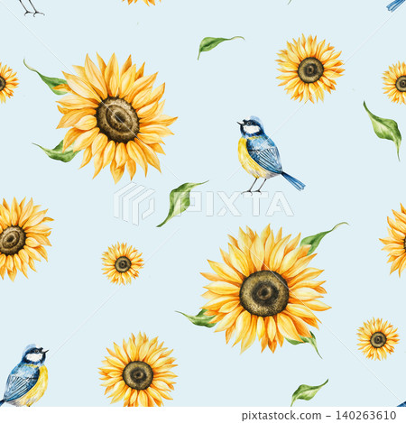 Watercolor seamless pattern with bright yellow sunflowers in warm autumn tones with blue tit perche. Botanical hand drawn illustration isolated on background. Ideal for seasonal, halloween, forest, or Watercolor seamless pattern with bright yellow sunflowers in warm autumn tones with blue tit perche. Botanical hand drawn illustration isolated on background. Ideal for seasonal, halloween, forest, or 140263610
