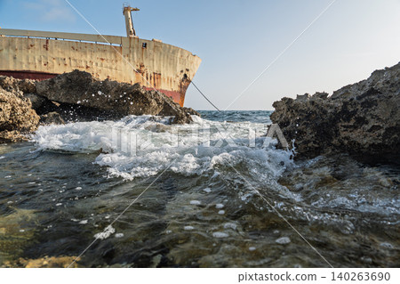Shipwreck of the Vera Su off the coast of Paphos, Cyprus, with waves crashing on rocks Shipwreck of the Vera Su off the coast of Paphos, Cyprus, with waves crashing on rocks 140263690