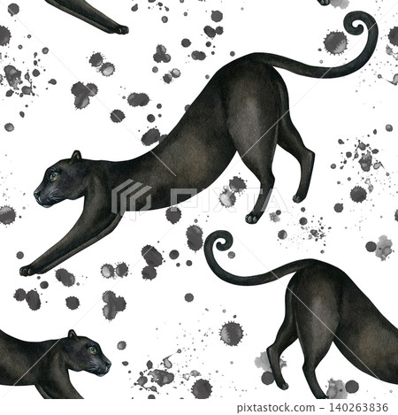 Panther and ink stains. Seamless animalistic pattern. Hand-drawn watercolor drawing isolated on a white background. Watercolor illustration of a wild cat for textile design, wallpaper, and print Panther and ink stains. Seamless animalistic pattern. Hand-drawn watercolor drawing isolated on a white background. Watercolor illustration of a wild cat for textile design, wallpaper, and print 140263836